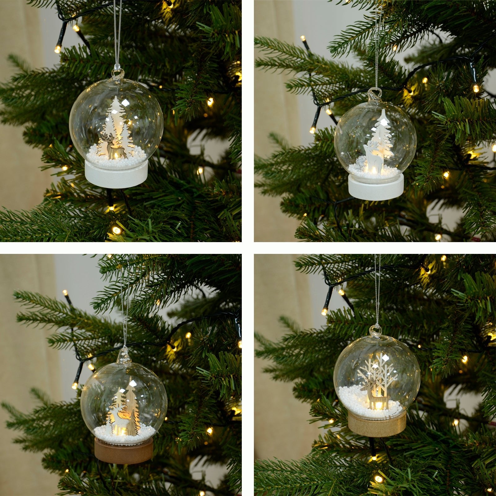 Mr Crimbo Glass Globe Light Up Christmas Tree Baubles - MrCrimbo.co.uk -XS5064 - Reindeer/White Trees -Baubles